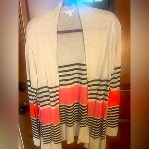 JJill linen/cotton blend open cardigan.  Tan with black & coral stripes